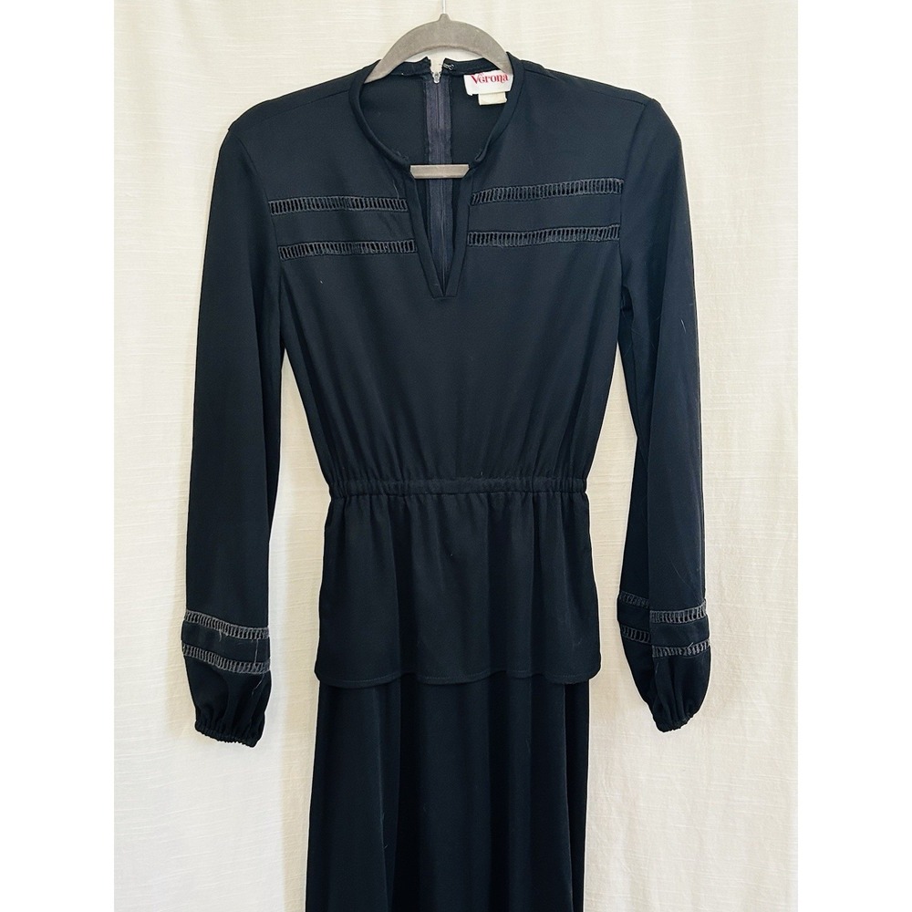 Vintage Circa 1960's Black Maxi Dress With Peplum And Windowpane Cutouts‎